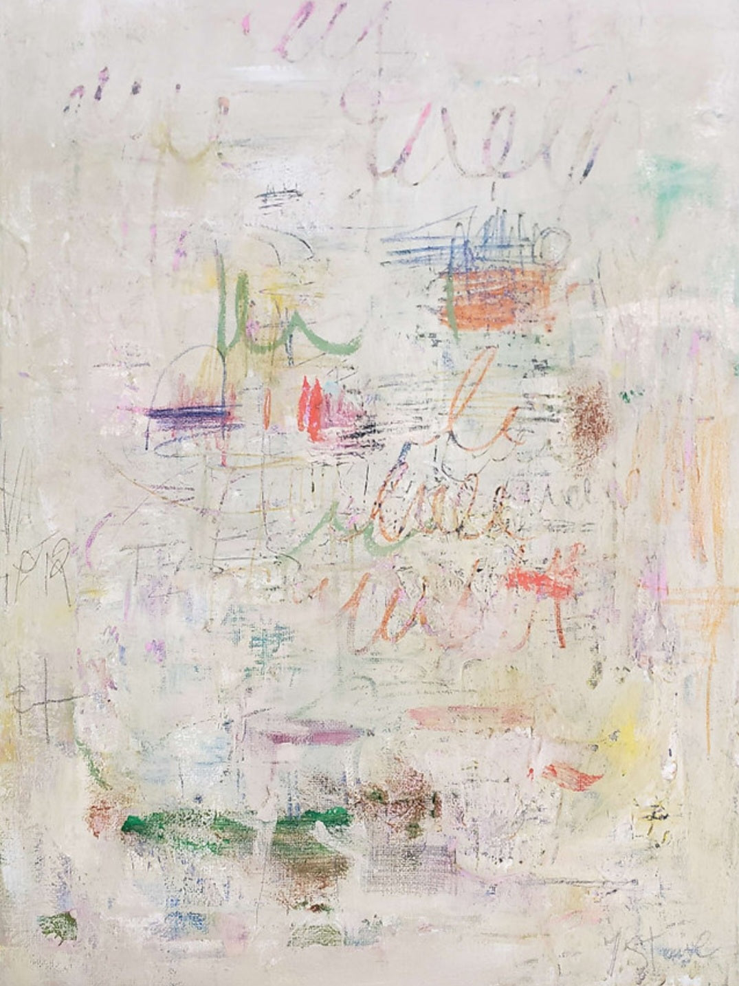 Abstract artwork with multicolored brush strokes on a textured white background