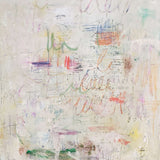 Abstract artwork with multicolored brush strokes on a textured white background