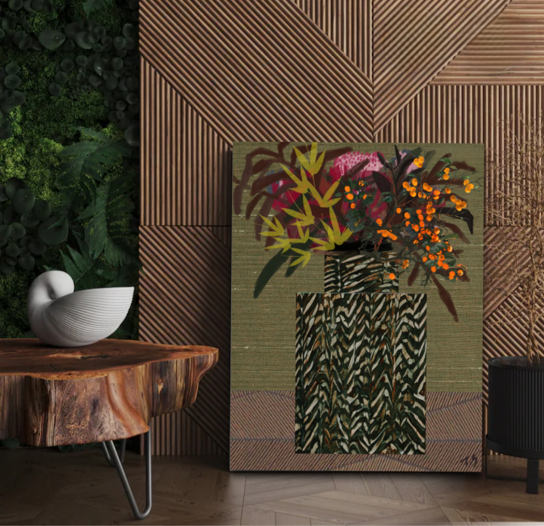 Decorative painting of a vase with flowers on a textured wall.