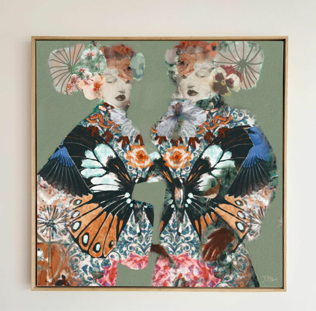 Framed artwork of a woman with butterfly wings and floral headpieces on a light background