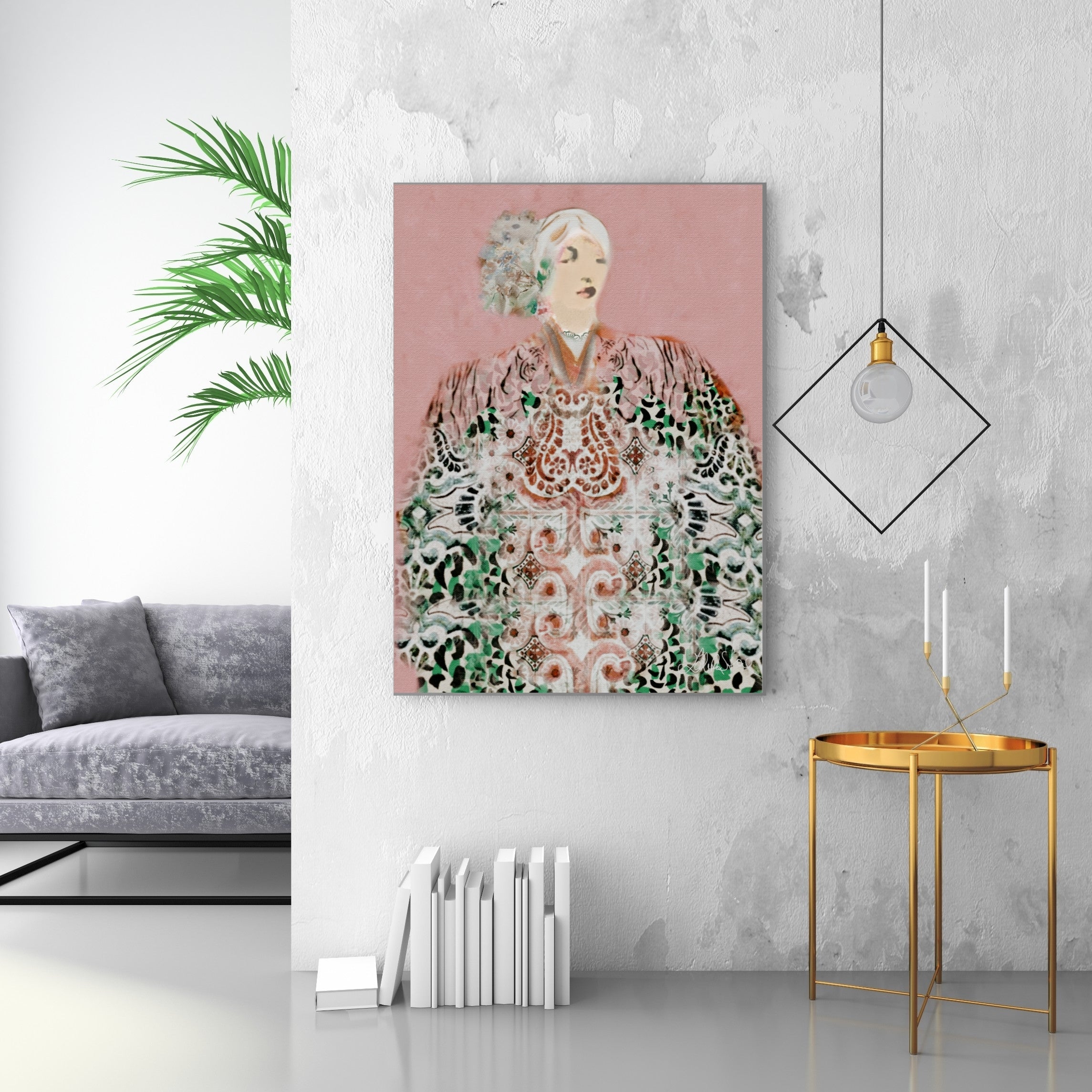pink and green figrative boho women wall art