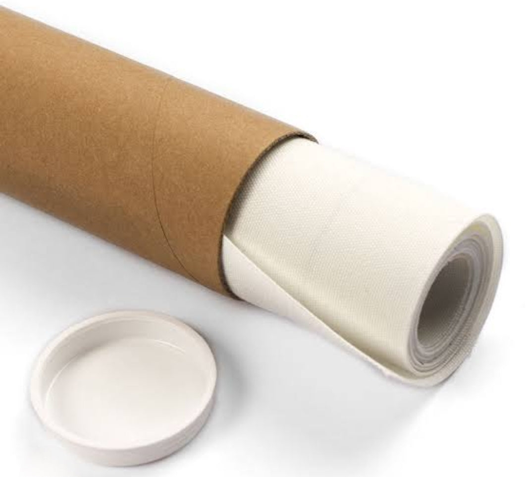 Roll of canvas with a brown mailing cardboard tube on a white background