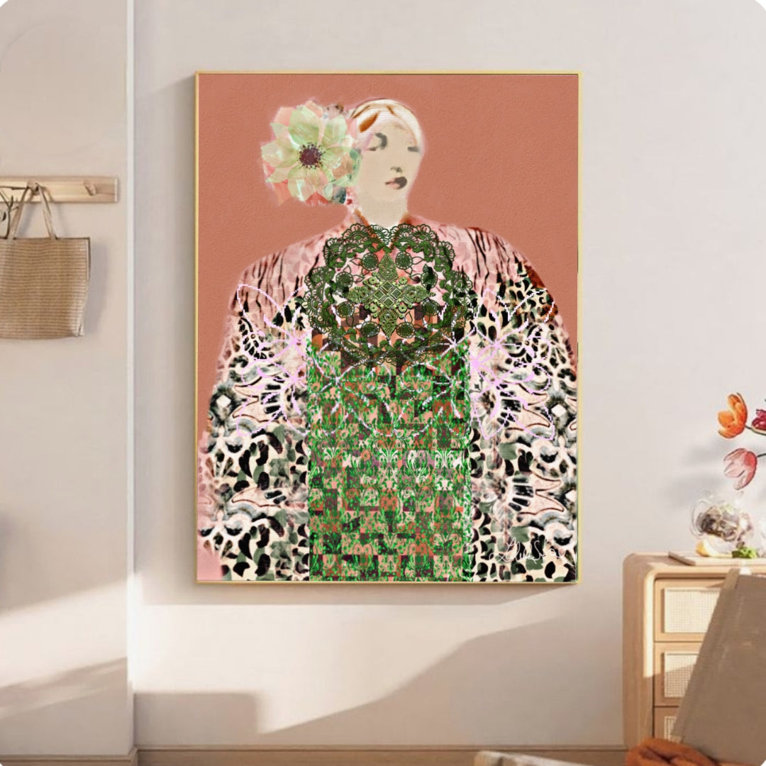 Framed artwork of a stylized figure with floral and animal print elements on a wall.