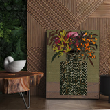 Decorative painting of a vase with flowers on a textured wall.