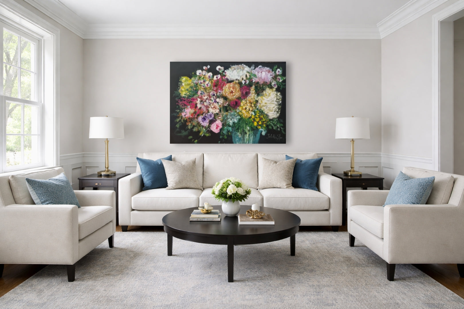 Contempory abstract floral painting in lounge room