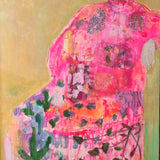 Artistic depiction of a person in a vibrant pink dress with floral elements on a warm-toned background.