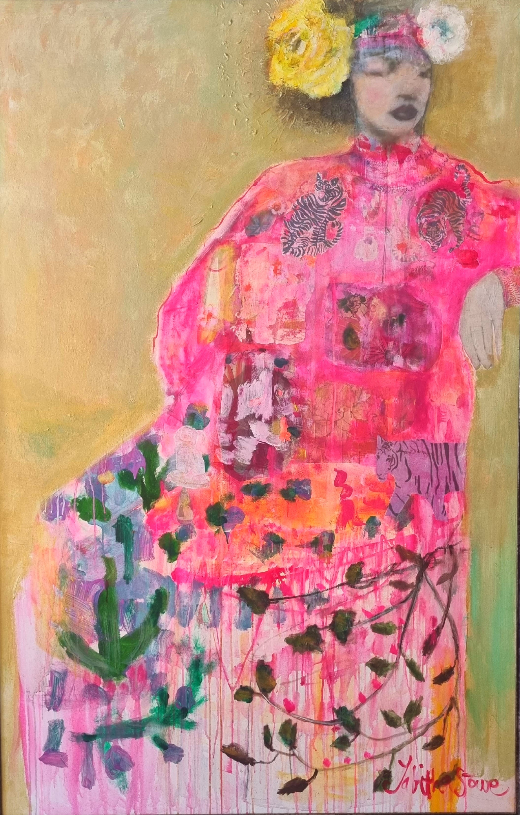 Artistic depiction of a person in a vibrant pink dress with floral elements on a warm-toned background.