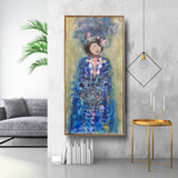 Framed abstract chinese lady painting in a blue dress in a modern living room.