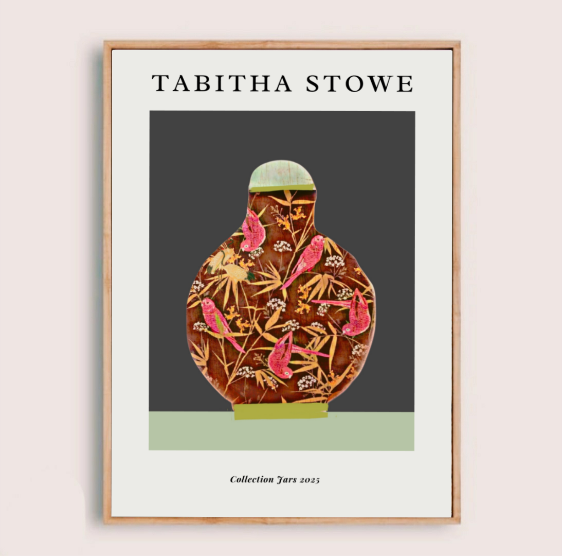 Framed artwork of a decorative jar with pink birds on a dark background, featuring the artist 'Tabitha Stowe'.