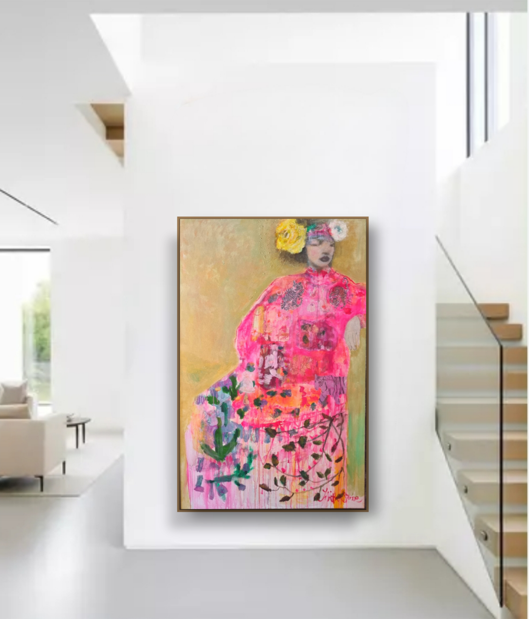 Colorful painting of a woman in a floral dress hanging on a white wall in a modern home.
