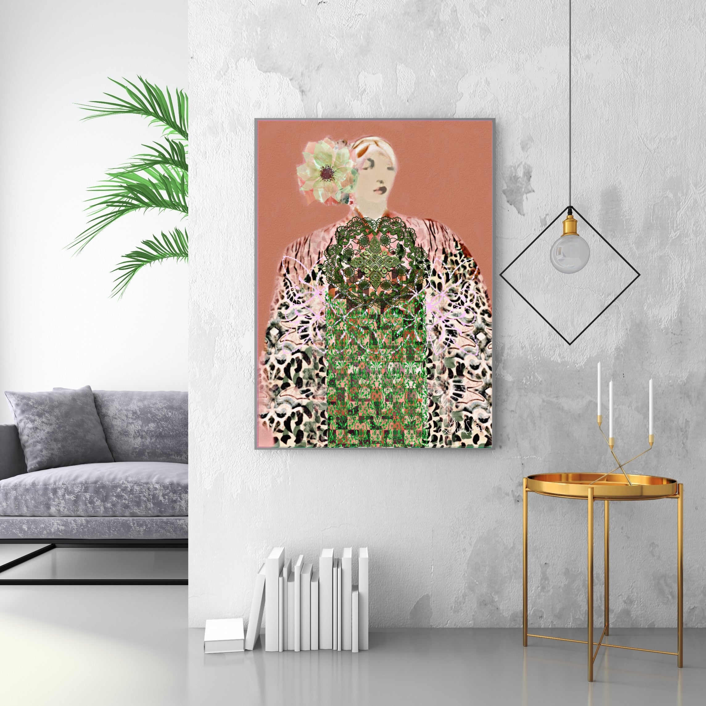 Artistic portrait of a woman with floral headpiece on a wall in a modern living room.