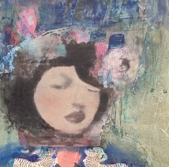 Abstract artwork with a stylized face and colorful background