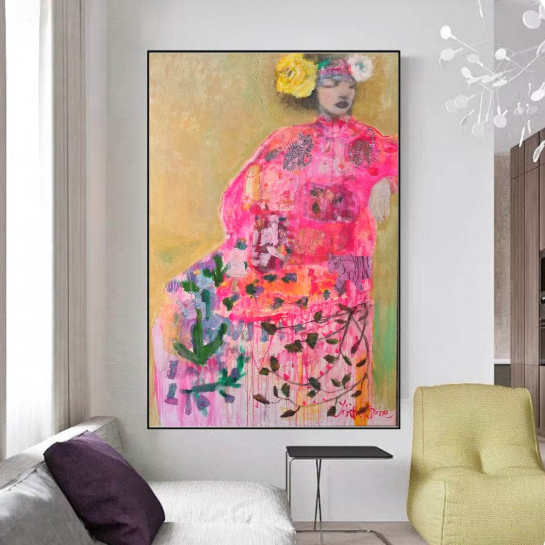 Colorful abstract painting of a woman in a pink dress in a modern living room.