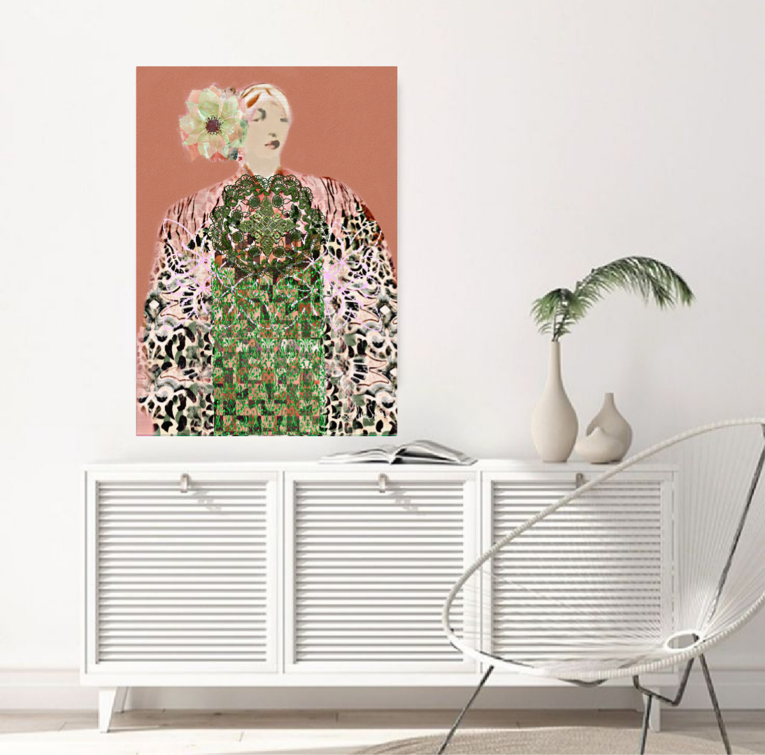 Framed artwork of a woman with floral headpiece on a wall above a white cabinet.