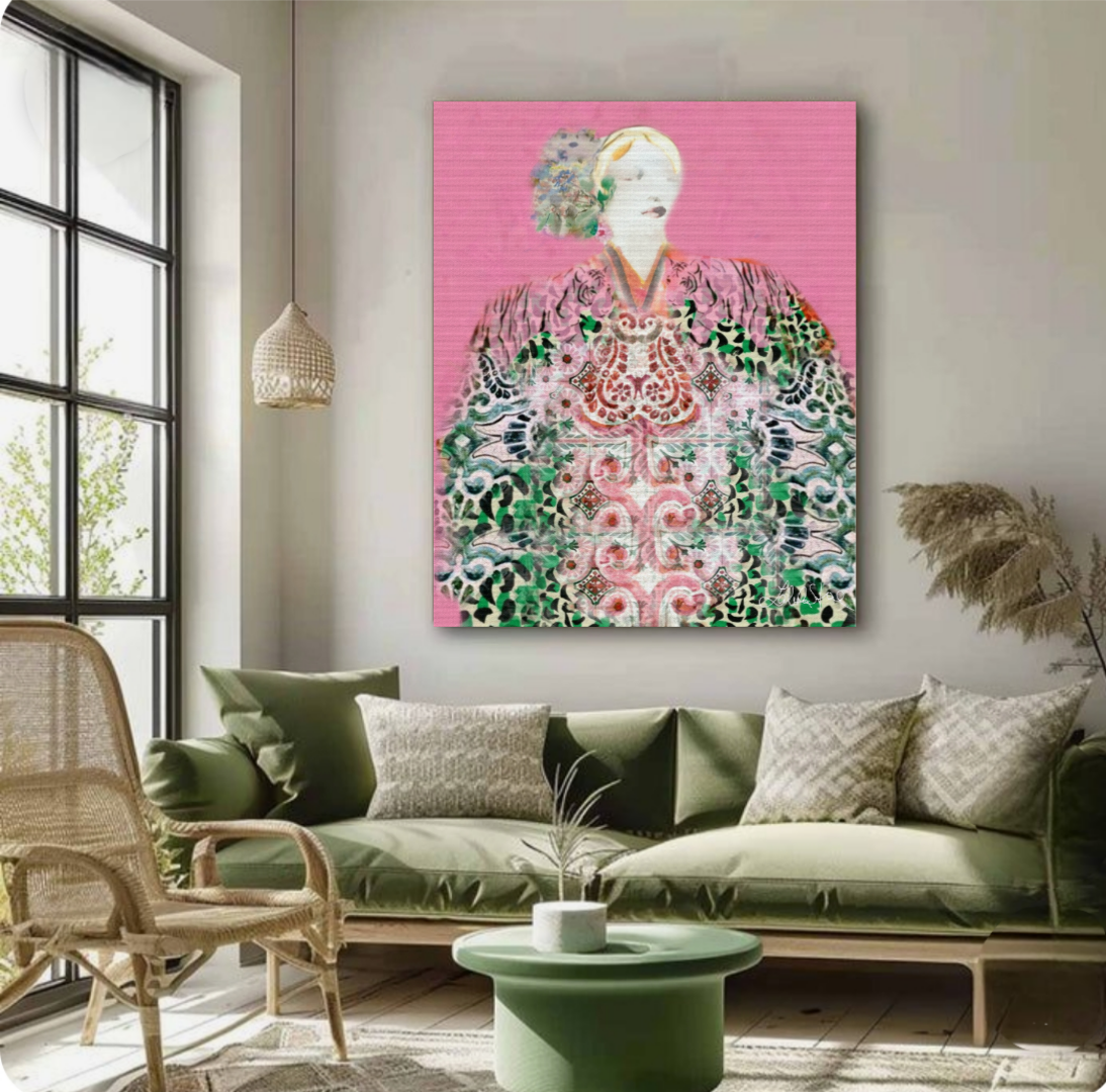 Bohemian women art portraight  on wall with green sofa