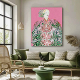 Bohemian women art portraight  on wall with green sofa