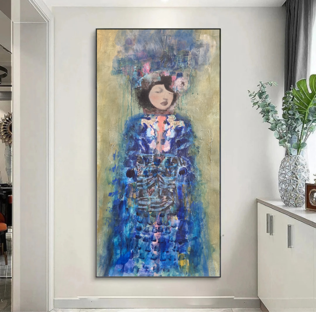 Large Chinese abstract painting of a woman in a blue dress on a wall in a modern interior setting.