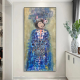 Large Chinese abstract painting of a woman in a blue dress on a wall in a modern interior setting.