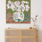 Chinoiserie ginger jar canvas art print in peach and green.