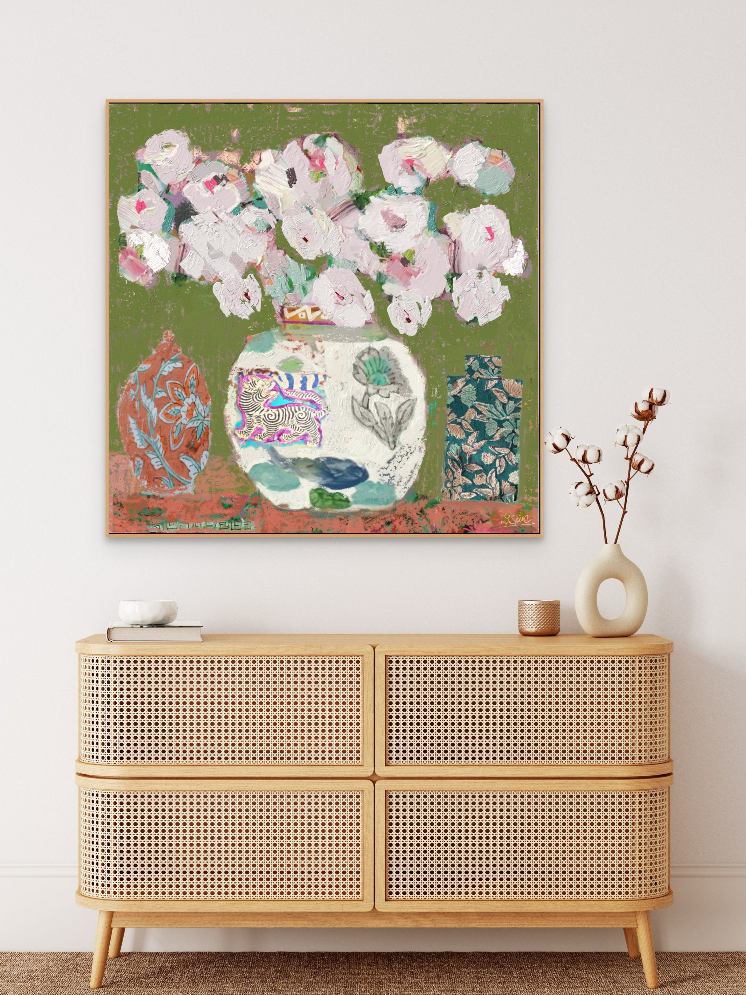 Chinoiserie ginger jar canvas art print in peach and green.