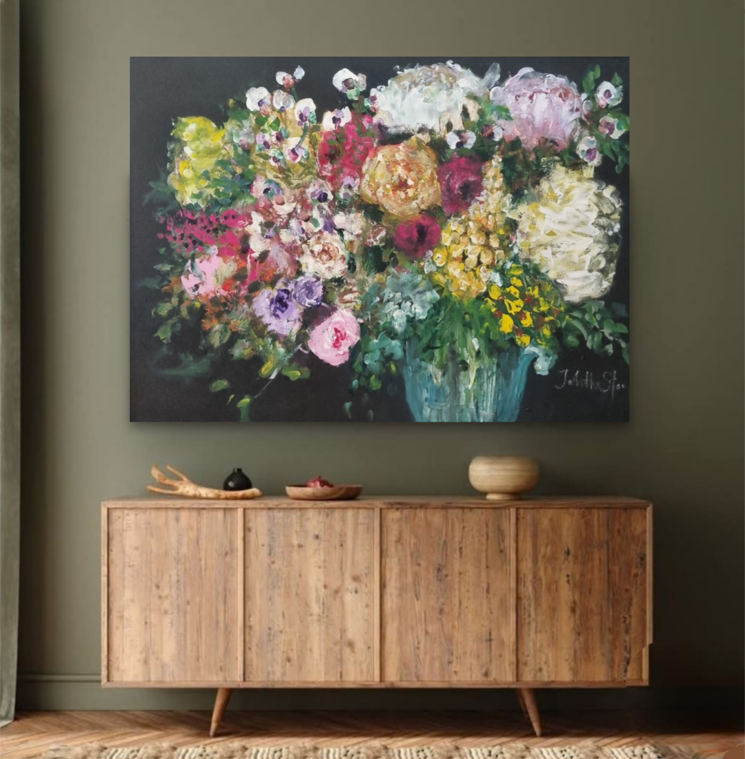 Big bloom floral art painting above console 