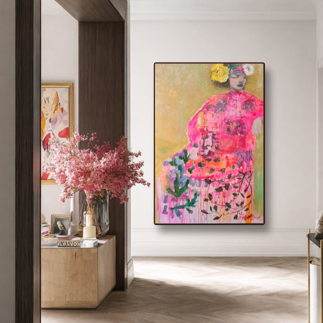 Modern interior with a colorful painting of a woman in a pink dress on a wall.