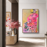 Modern interior with a colorful painting of a woman in a pink dress on a wall.