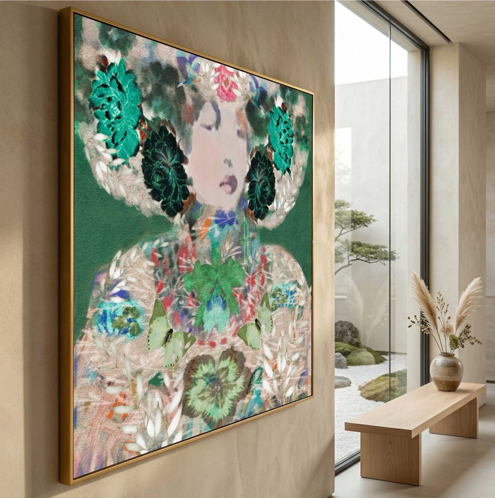 Large framed wall art featuring a colorful abstract portrait with floral and leaf motifs, hung on a beige wall in a modern interior with a glass window and wooden bench.