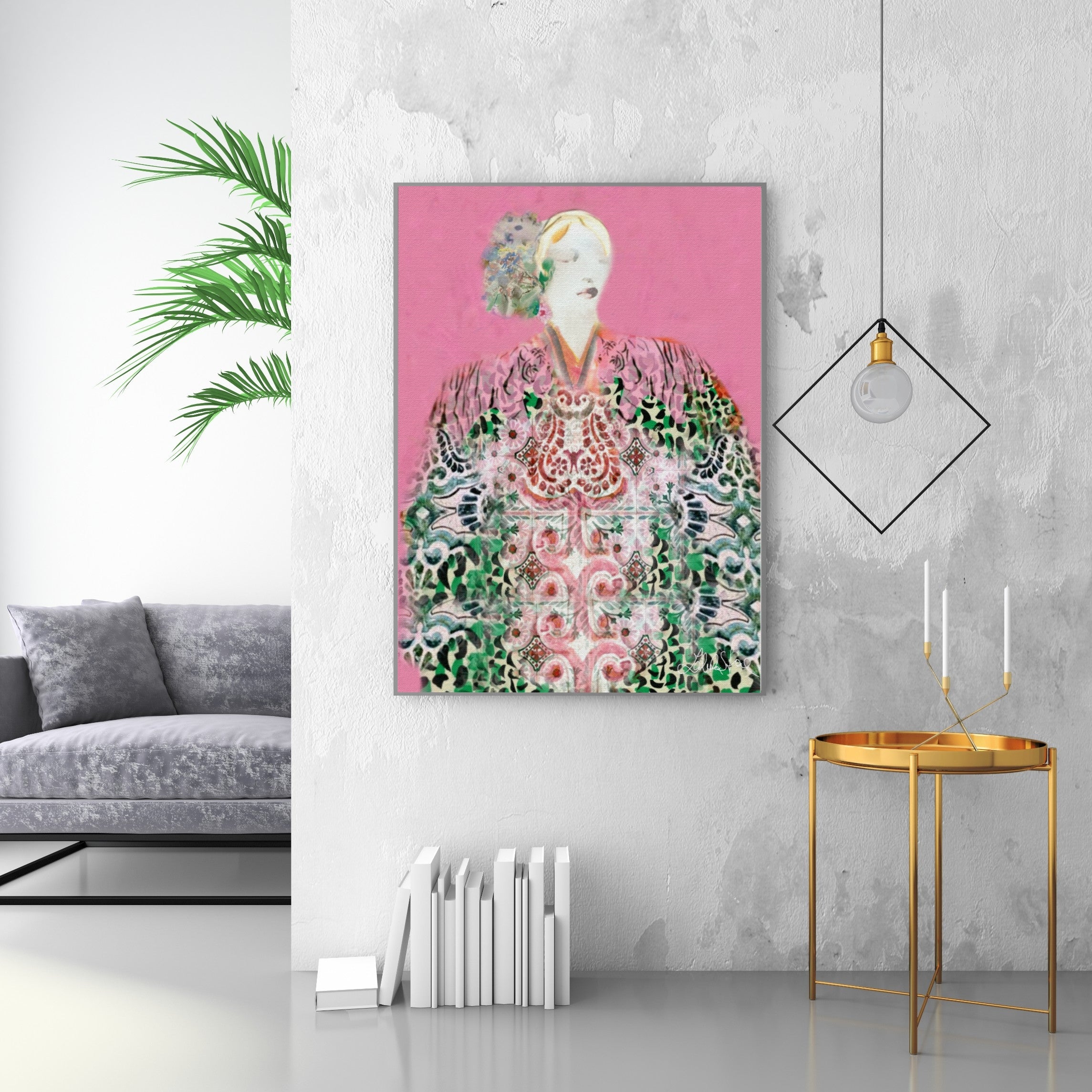 Artistic portrait of a woman with floral patterns on a pink background in a modern living room.