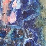 Abstract painting with blue and purple hues on a textured surface