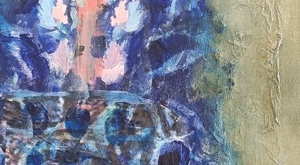 Abstract painting with blue and purple hues on a textured surface